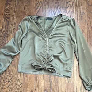 Abercrombie Khaki Satin Top with Front Bow tie size L